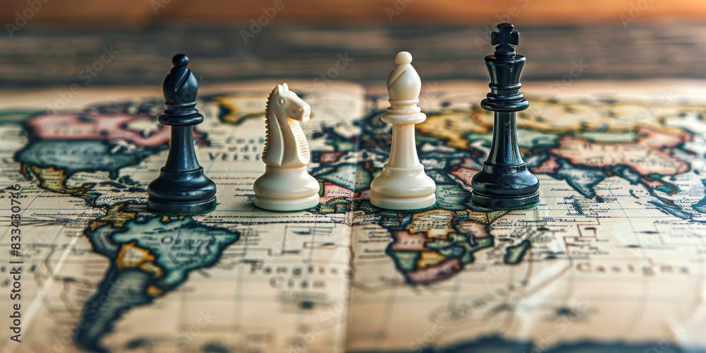 Strategic chess pieces on a world map symbolizing global strategy and competition with a focus on international dynamics
