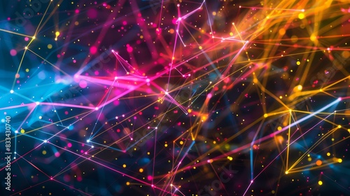 Vibrant abstract background with multicolored geometric lines and glowing particles, perfect for technology and digital themes.