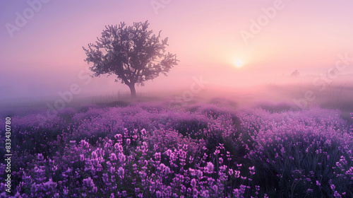 ghostly field of purple flowers at sunrise