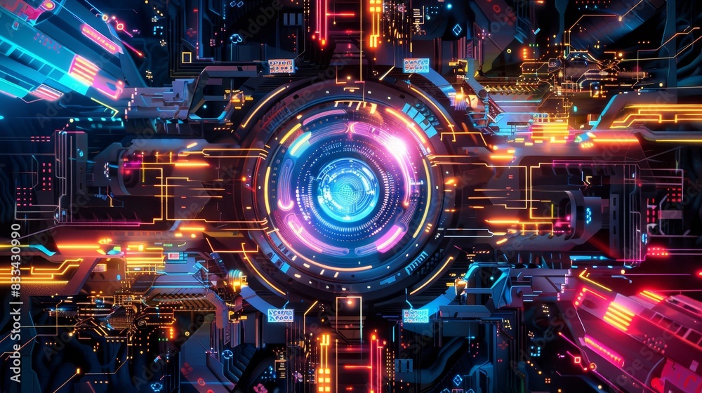 Vibrant futuristic technology circuit design in neon colors, showcasing advanced digital innovation and complex connectivity. Vibrant futuristic technology circuit design in neon colors, showcasing advanced digital innovation and complex connectivity.