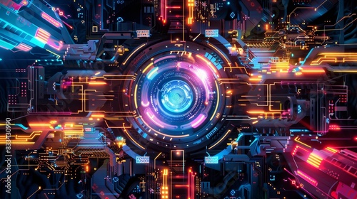 Vibrant futuristic technology circuit design in neon colors, showcasing advanced digital innovation and complex connectivity.