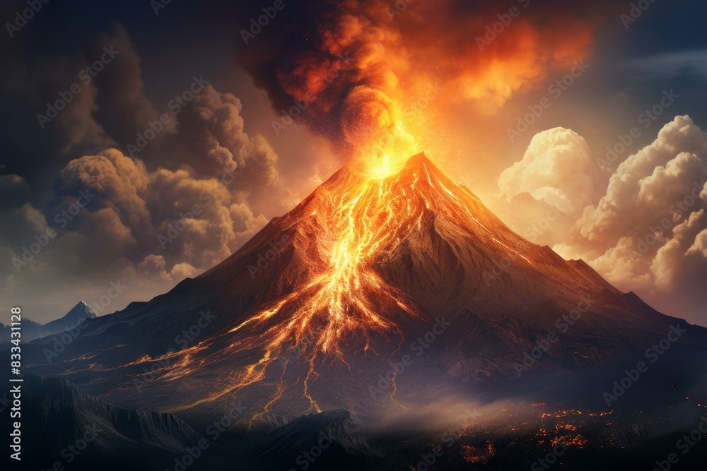 Dramatic night scene of a volcano erupting, illuminating the sky with vibrant lava flows