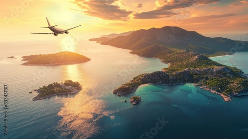 scenic view of an aircraft flying over picturesque islands and sea during a summer sunrise