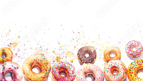 A variety of watercolor donuts on a white background