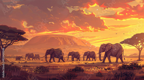 A group of elephants walking in a field with a sunset in the background