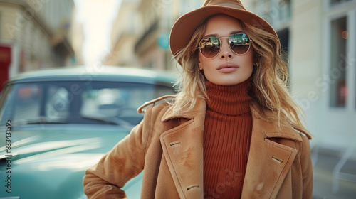 beautiful woman in elegant coat, hat and sunglasses standing in front of old car