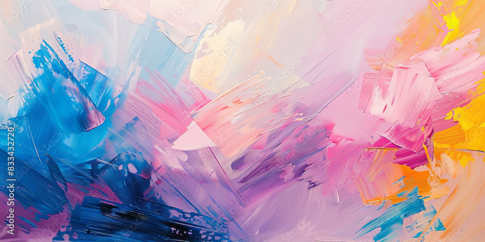 Vibrant abstract painting with bold brushstrokes in pink, blue, and orange hues creating a dynamic and colorful composition
Vibrant abstract painting with bold brushstrokes in pink, blue, and orange hues creating a dynamic and colorful composition