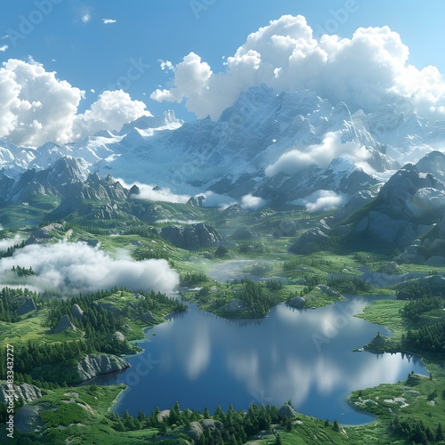 Fantasy epic mountain lake landscape