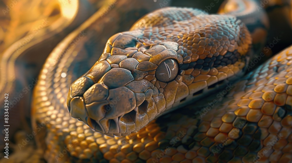 A close-up view of a snake's head with scales and eyes, suitable for use in educational or informational contexts