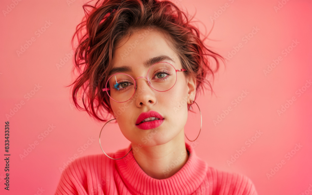 Φωτογραφία AI generated illustration of A woman with long hair, wearing glasses and a pink