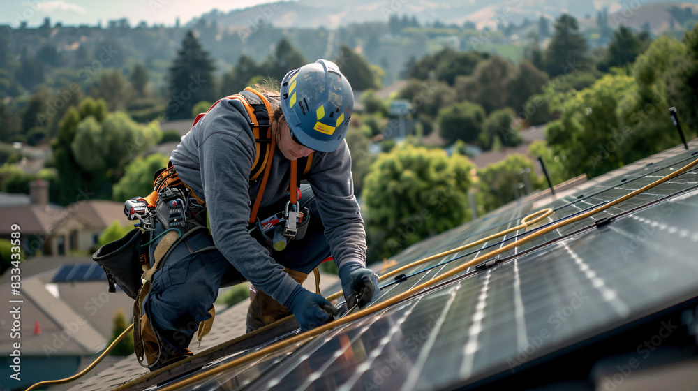 A woman is working on a solar panel. She is wearing a safety harness and is focused on her task A woman is working on a solar panel. She is wearing a safety harness and is focused on her task