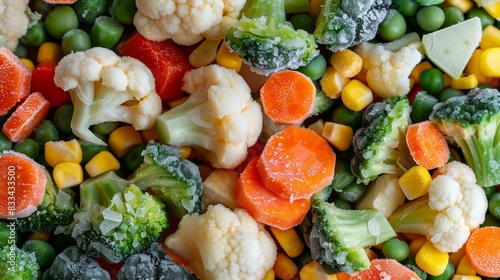 Top-View of a Pile of Frozen Mixed Vegetables, Featuring Carrots, Cauliflower, Corn, and Broccoli