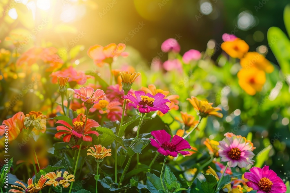 Fototapeta premium colourful Zi­nnias flowers in a garden in sunlight on nature outdoors