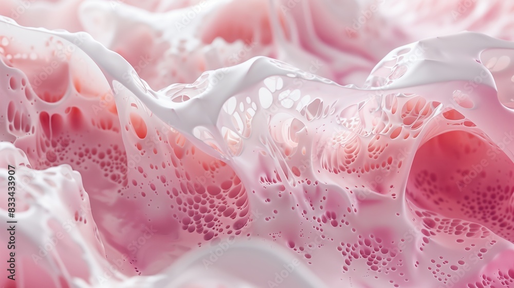 Fluid organic shapes in light pink and white, with intricate patterns, flowing like liquid.