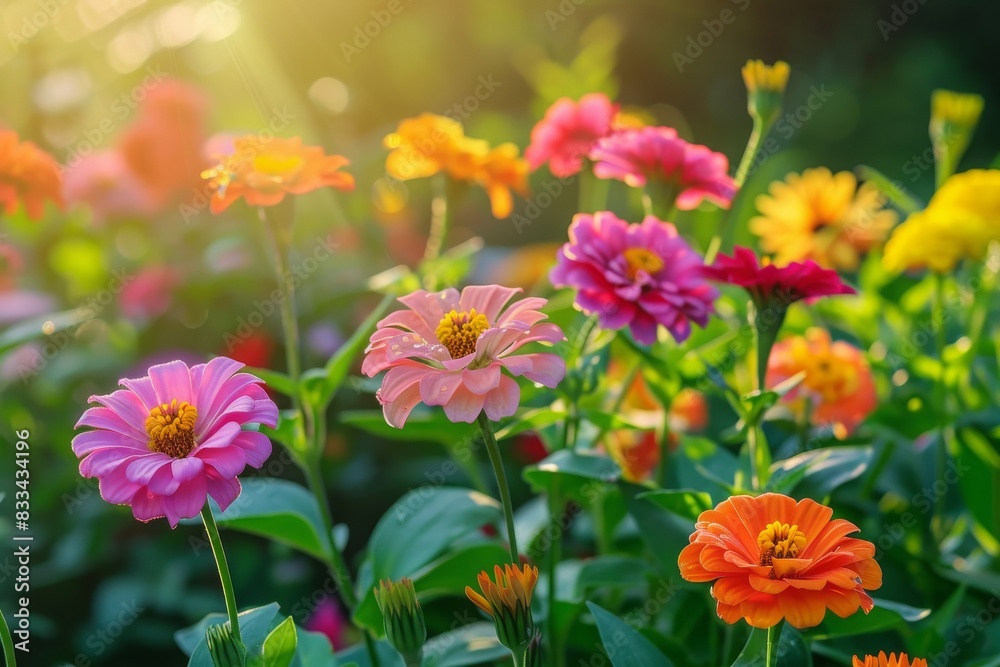 colourful Zinnias flowers in a garden in sunlight on nature outdoors colourful Zinnias flowers in a garden in sunlight on nature outdoors