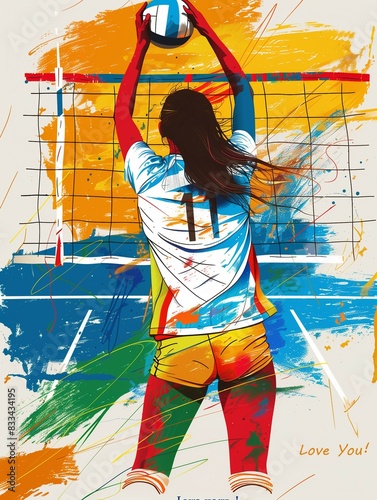 Women's beach volleyball competition players line up back sports volleyball poster illustration wall art