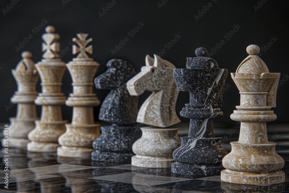 A detailed view of chess pieces on a standard chess board, useful for illustration purposes A detailed view of chess pieces on a standard chess board, useful for illustration purposes