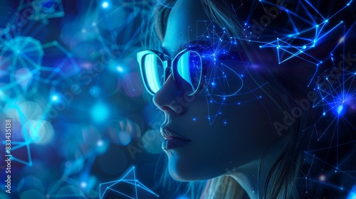 Profile of a woman with glasses and ponytail, illuminated by blue lighting with a digital network overlay. Technology-focused concept, emphasizing facial recognition or artificial intelligence themes.