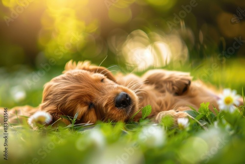Wallpaper Mural A brown dog is lying on a lush green field, suitable for use in outdoor or nature-themed projects Torontodigital.ca