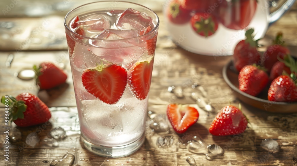 Photo of a glass filled with strawberry-infused water, ice cubes, and sliced strawberries on a rustic wooden table. The bright sunlight creates a fresh and inviting atmosphere. Photo of a glass filled with strawberry-infused water, ice cubes, and sliced strawberries on a rustic wooden table. The bright sunlight creates a fresh and inviting atmosphere.