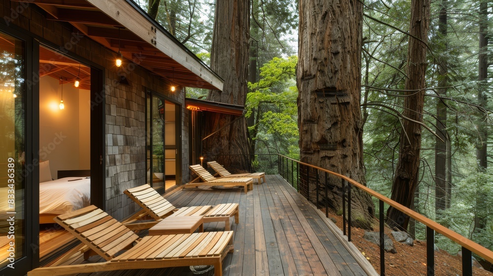 Fototapeta premium Photo of a wooden deck with lounge chairs, surrounded by tall trees. The image conveys a peaceful, rustic retreat in a forest setting.