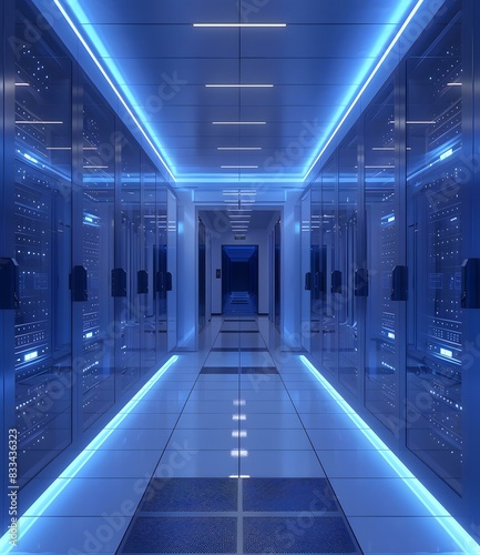 Blue futuristic sci-fi data center empty corridor interior photo