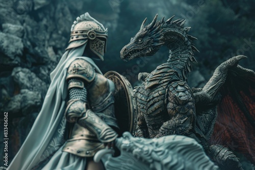 A medieval-style statue featuring a knight and a dragon in combat © Ева Поликарпова