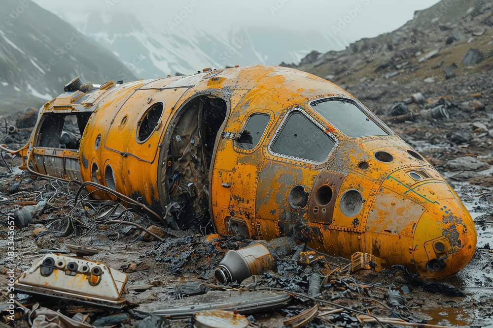 A weathered yellow airplane fuselage rests in a remote mountainous area, surrounded by debris. A weathered yellow airplane fuselage rests in a remote mountainous area, surrounded by debris.