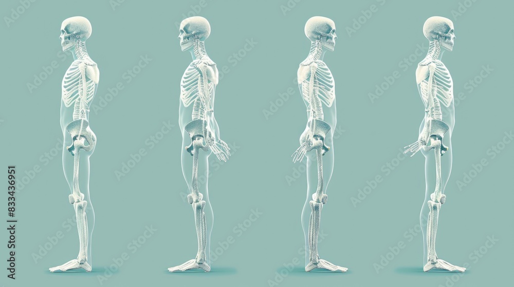 A collection of three views of a human skeleton, showing detailed anatomy A collection of three views of a human skeleton, showing detailed anatomy