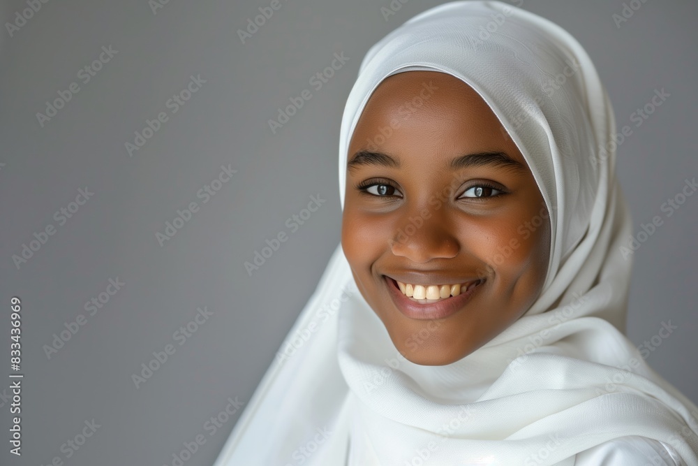Young Woman Smiling in White Hijab Studio Shot Young Woman Smiling in White Hijab Studio Shot