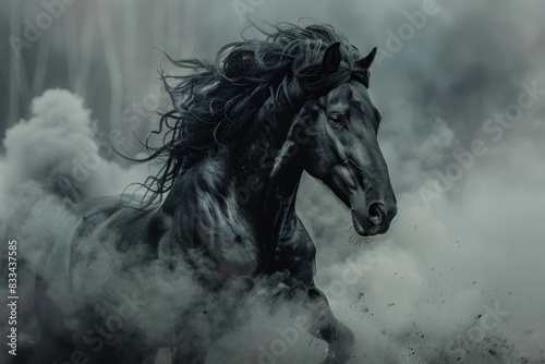 A majestic black horse gallops through a thick cloud of smoke, creating a dramatic scene