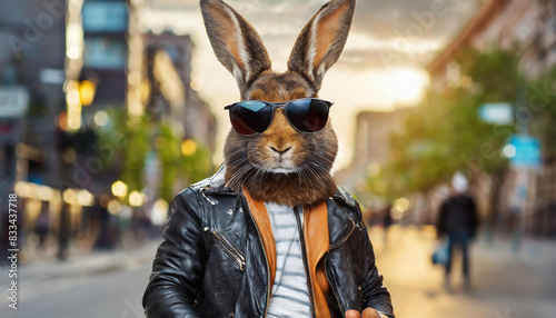 fantasy portrait of a stylish rabbit wearing a leather jacket and sunglasses on the street