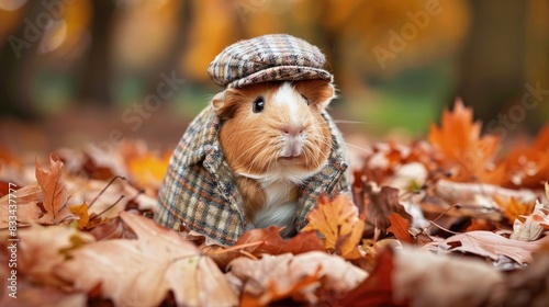 An Adorable Guinea Pig Dressed in a Tiny Tweed Hat and Jacket Poses on a Forest Floor Covered with Autumn Leaves 