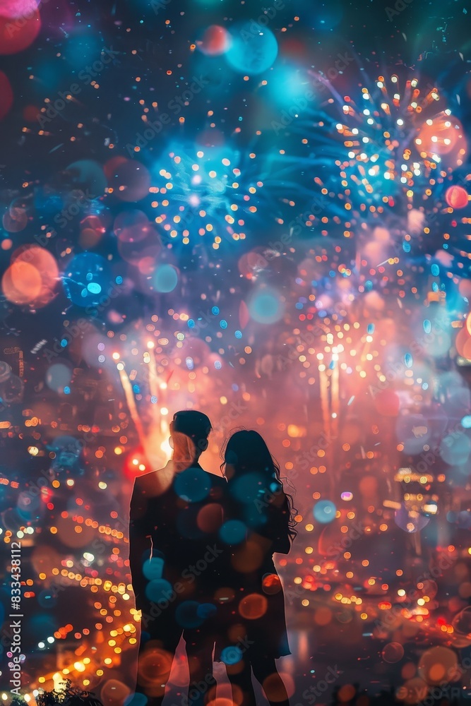 Silhouette of a couple watching fireworks in the night sky, with vibrant bokeh lights creating a magical and romantic atmosphere. Silhouette of a couple watching fireworks in the night sky, with vibrant bokeh lights creating a magical and romantic atmosphere.