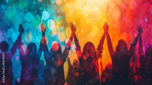 Group of people celebrating with raised arms in colorful, bokeh lighting. Vibrant and energetic party atmosphere. photo