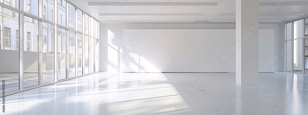 Obraz premium A large, empty room with a white wall and a window. The room is very clean and empty, with no furniture or decorations. The sunlight coming in through the window creates a bright and airy atmosphere