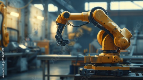 Precision in Motion - Robotic Arm Performing Complex Task, Symbolizing the Power of Machine Learning. An image showcasing a dynamic perspective of a manufacturing facility, capturing the speed and pre