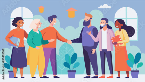 You can hear the sound of handshakes and friendly chatter as greeters help attendees find their way to the sanctuary.. Vector illustration