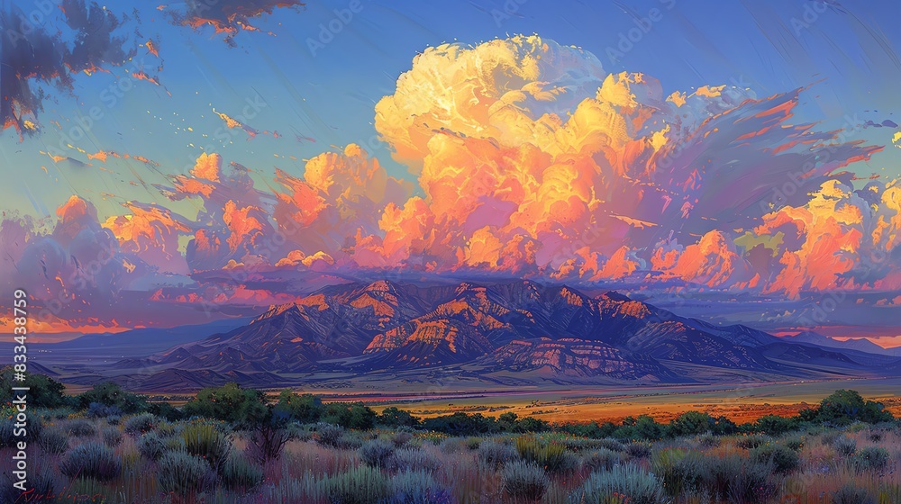 Naklejka premium Dramatic sunset over mountains with vibrant clouds