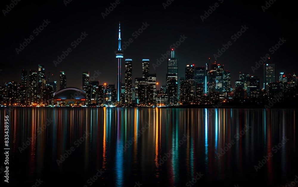 Fototapeta premium Skyline of Toronto at night s with the Buildings reflecting its lights in the water whole City Lightning Concept 
