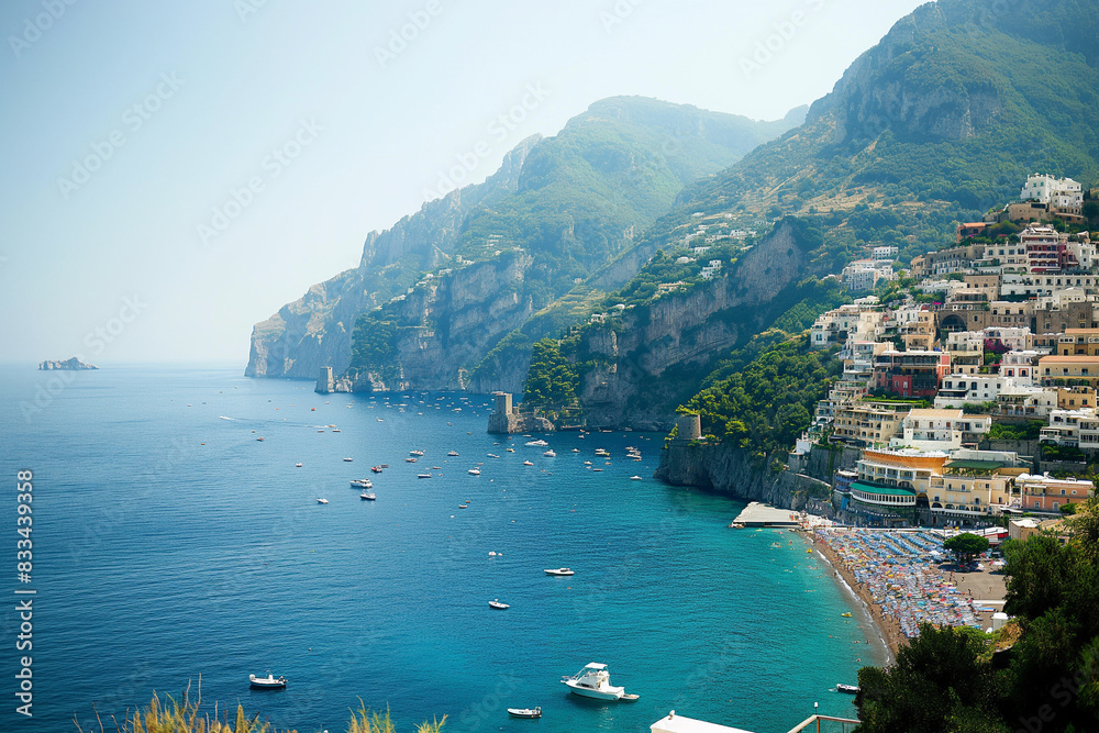 Naklejka premium A couple on their honeymoon along Italy's Amalfi Coast, with dramatic cliffs, charming coastal villages, and the sparkling Mediterranean Sea