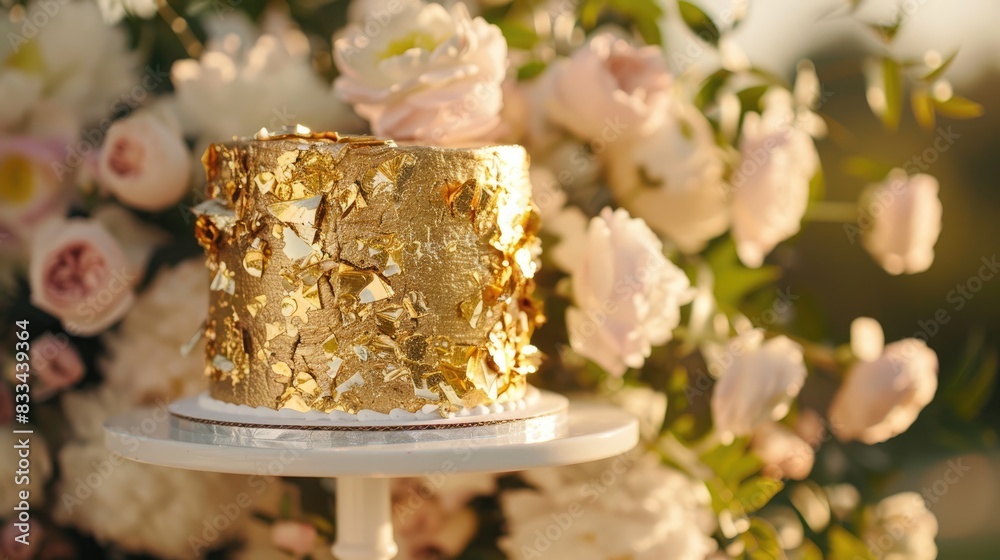 a cake adorned with gold leaf on a white cake stand, positioned near white flowers, with a softly lit random background in a bright, well-lit room.