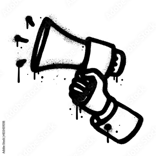 Spray painted graffiti megaphone in human hand. Vintage loudspeaker vector hand drawn illustration isolated on white background