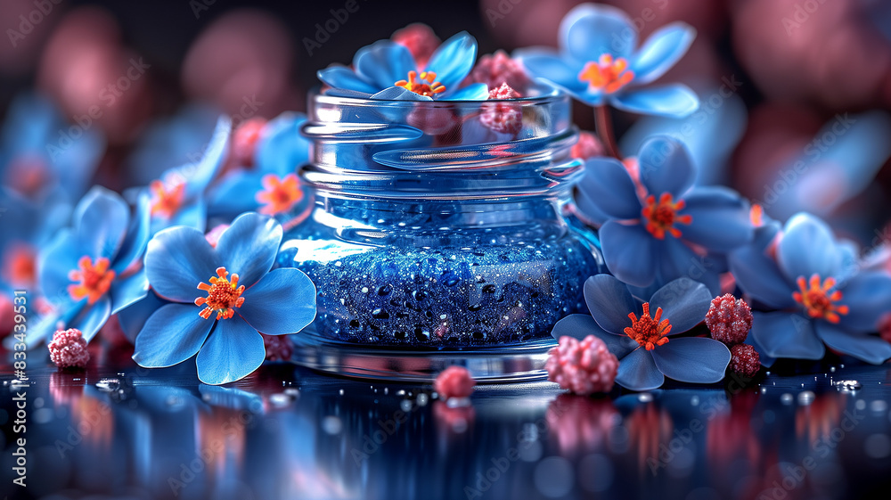 A jar of blue flowers with a blue lid