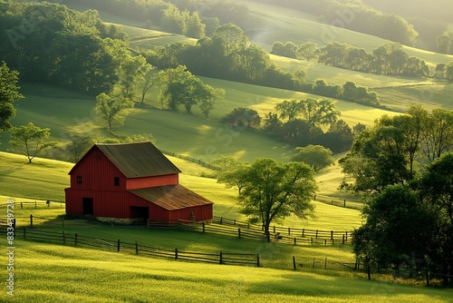 Bright red farmhouse in a rural setting under the sun on a sunny day, AI-generated.