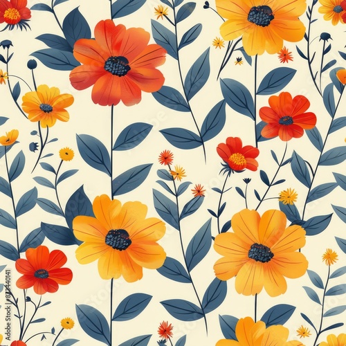 Wallpaper Mural Vibrant Floral Pattern with Red and Yellow Blooms and Lush Leaves Torontodigital.ca