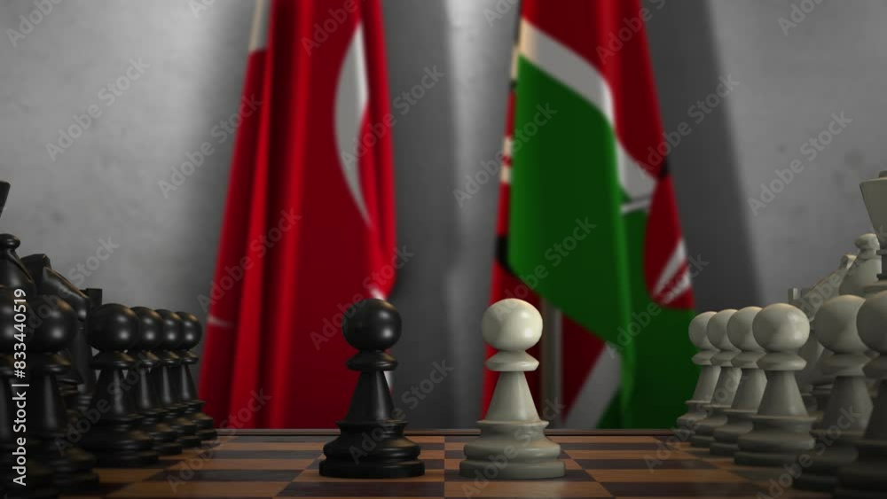 Kenya and Turkey National Flags with Chess Board Animation. Politics of Government or Conflict