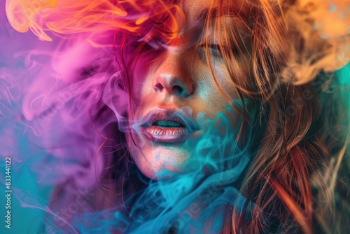 Close-up of a woman s face surrounded by colorful smoke  great for beauty and lifestyle themes