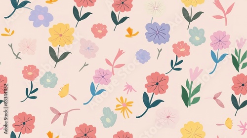 Flower wallpaper flat design top view hand-drawn theme cartoon drawing colored pastel . Seamless Pattern, Fabric Pattern.