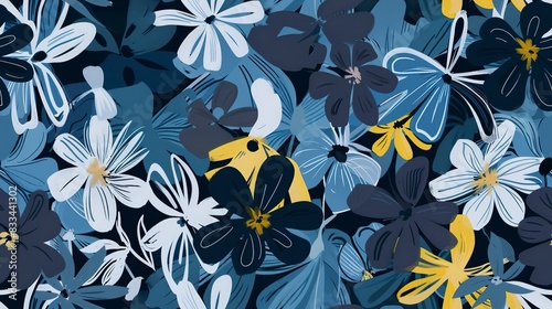 Illustrated flowers flat design top view illustrated theme water color Monochromatic Color Scheme. Seamless Pattern, Fabric Pattern.